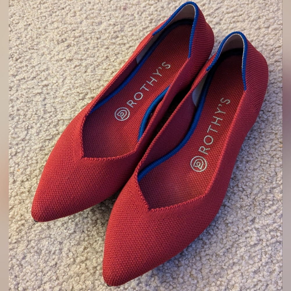Rothy's Red Pointed Toe Flats with Blue Trim
